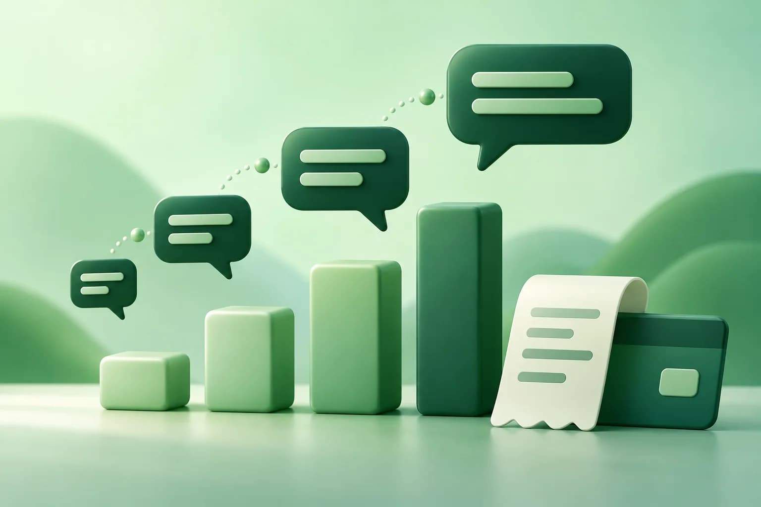 Messaging costs illustrated with chat bubbles, chart, and receipt