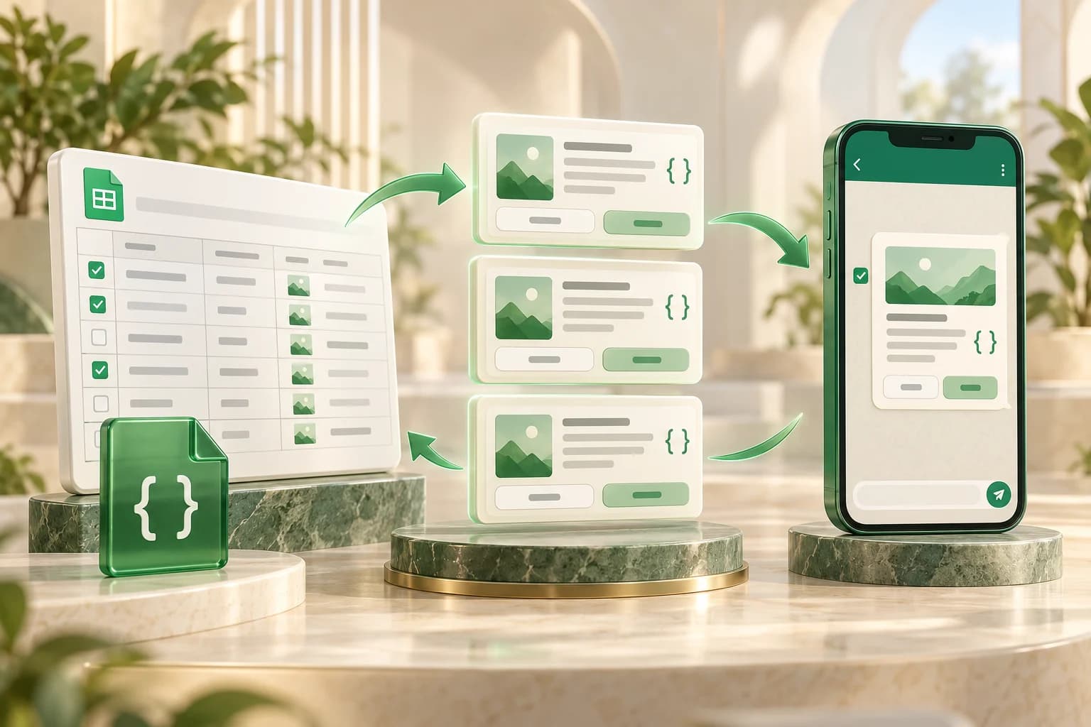 Excel template rows and a JSON file connected to message previews with media, variables and buttons on a phone