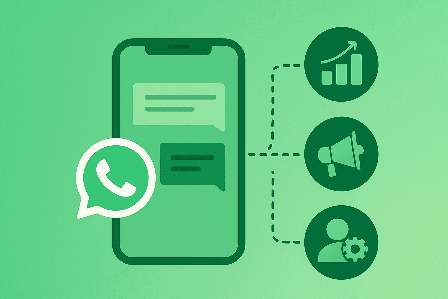 Illustration of WhatsApp messaging connected to campaigns, analytics, and customer support